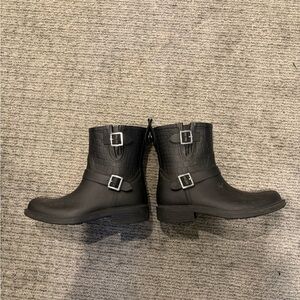 Sam Edelman Black Croc-Embossed Ankle Rain Boots with Buckles